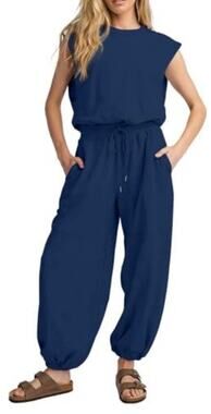 Womens Small Blue Barrel Leg Jumpsuit Sleeveless Cropped Jogger Fall